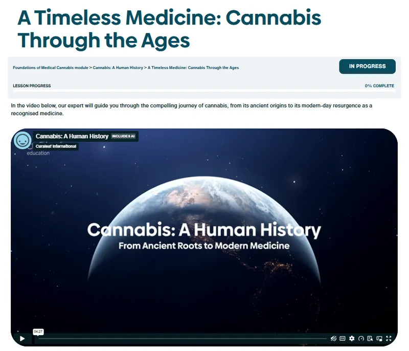Curaleaf Education lesson showing learning progress and the Cannabis: A Human History video.